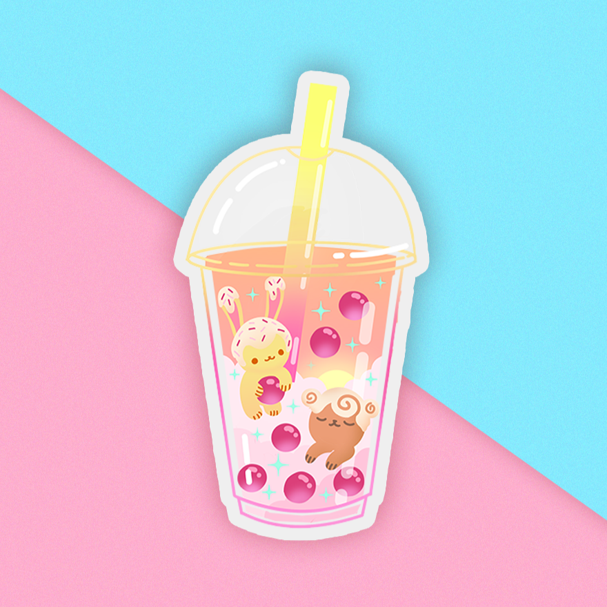 Yellow Boba with Bunilla and Cinnabear Cute Holographic Sticker